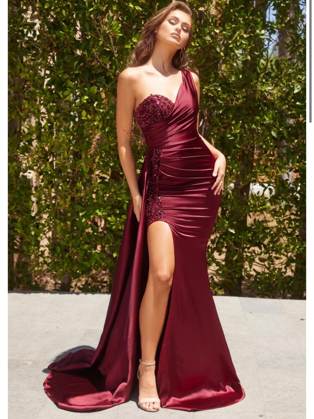 Portia and Scarlett One-Shoulder Burgundy Satin Evening Gown
